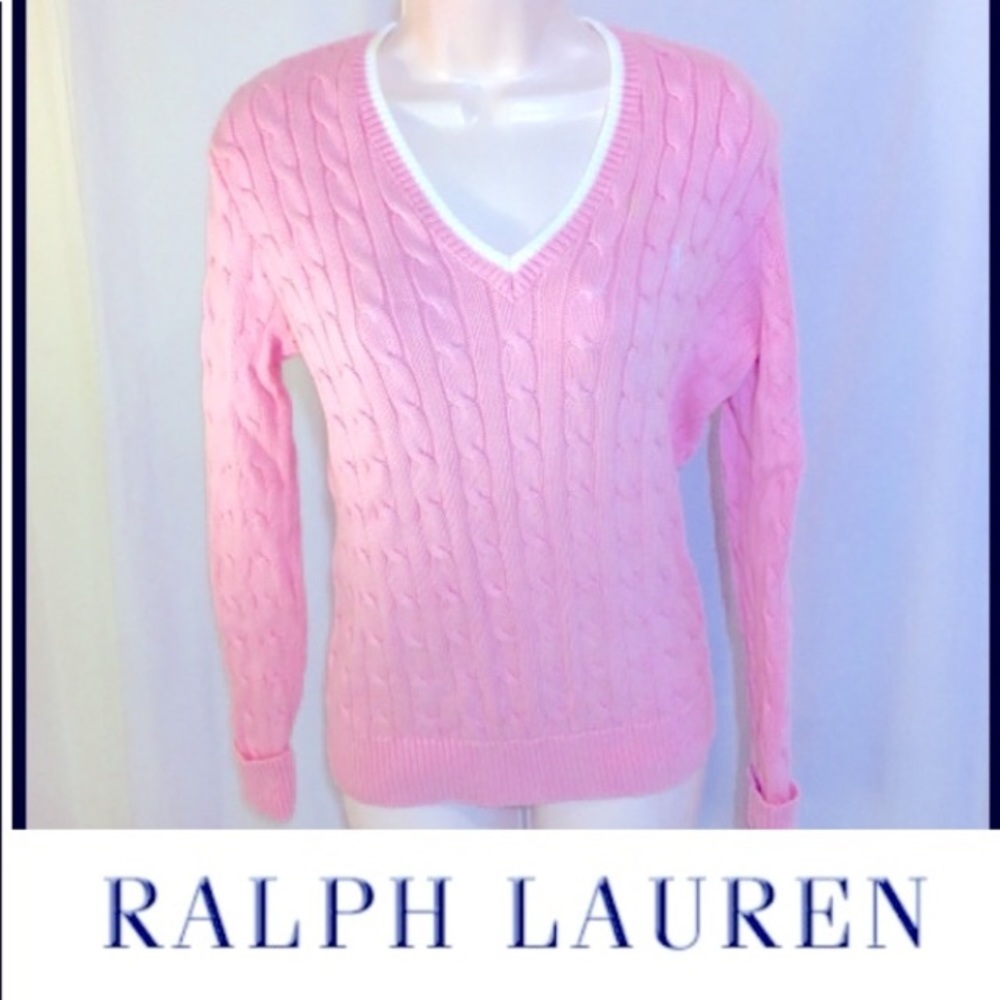 Ralph Lauren  cable knit sweater v neck pink ribbed size small